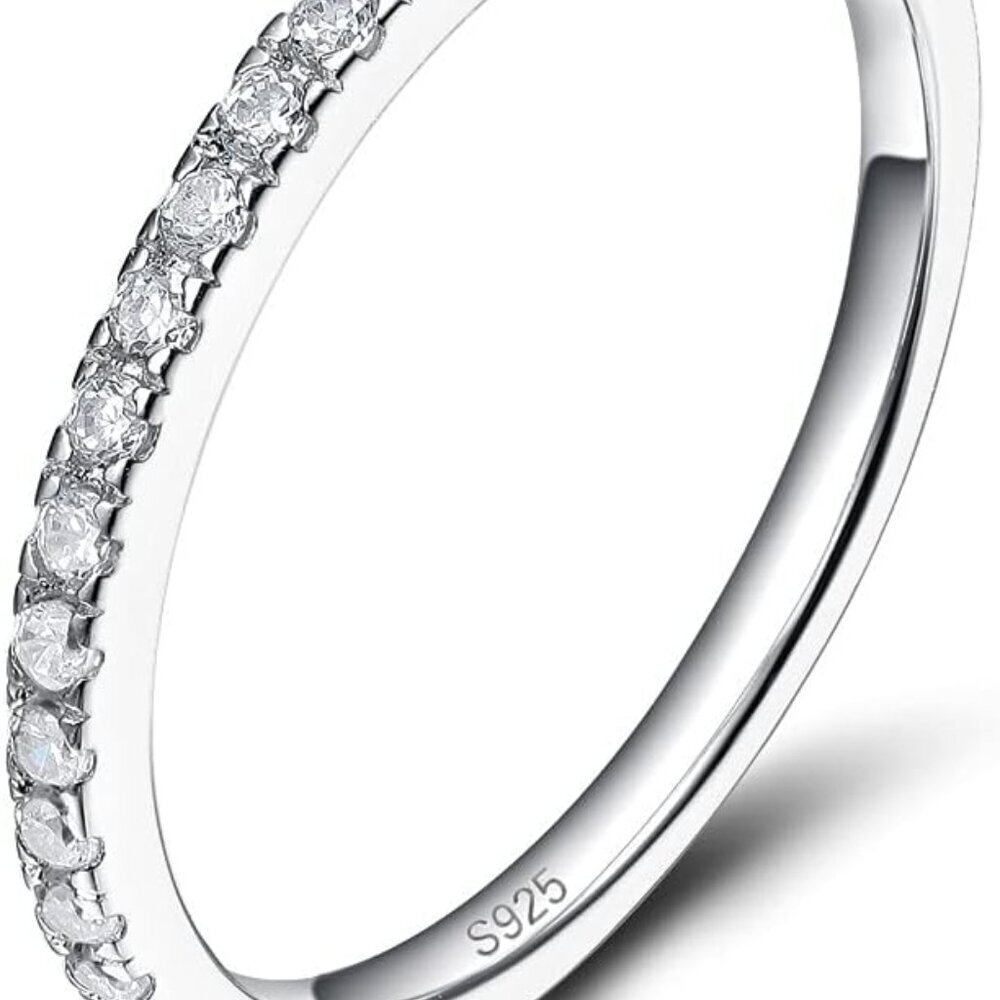 2mm 925 Sterling Silver Wedding Band Cubic Zirconia Half Eternity Stackable Enga